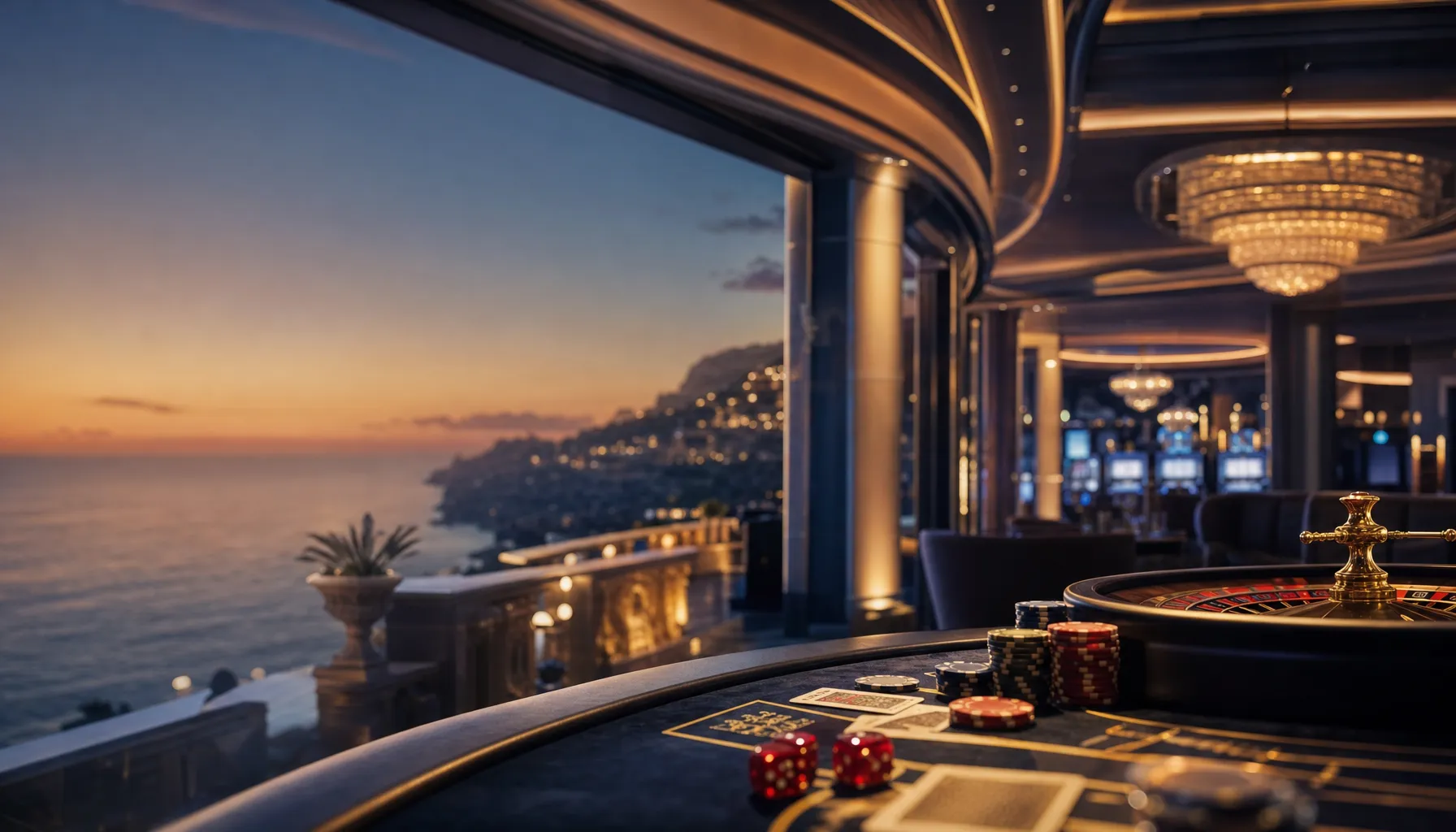 Cinematic luxury casino hero banner with warm gold lighting, soft-focus chips and cards, atmospheric resort ambiance for lola