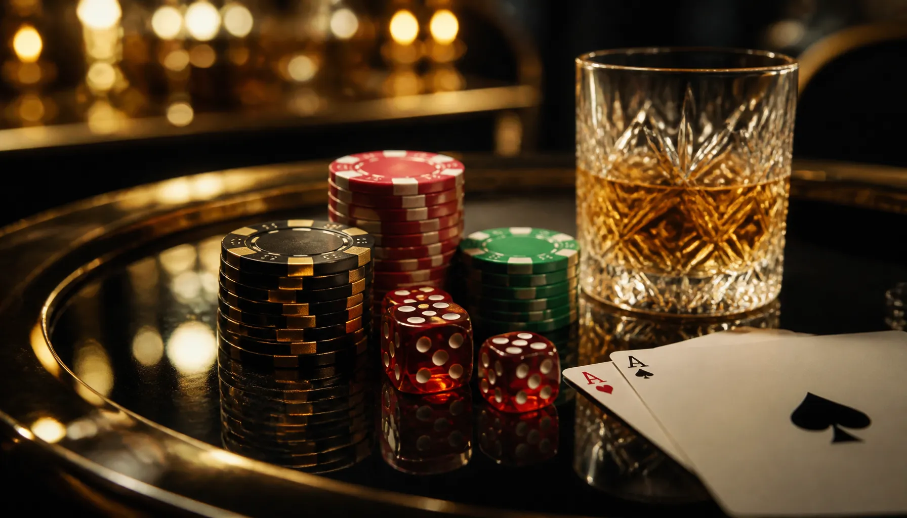 Fanned hand of playing cards resting on a dark velvet surface with golden chip and warm cinematic lighting