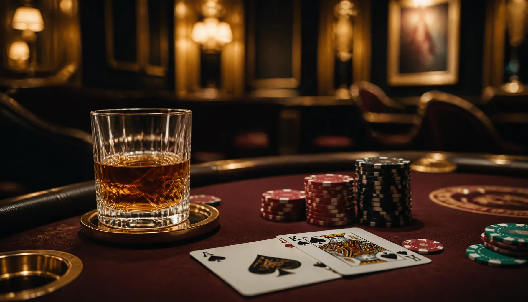 Fanned hand of playing cards resting on a dark velvet surface with golden chip and warm cinematic lighting