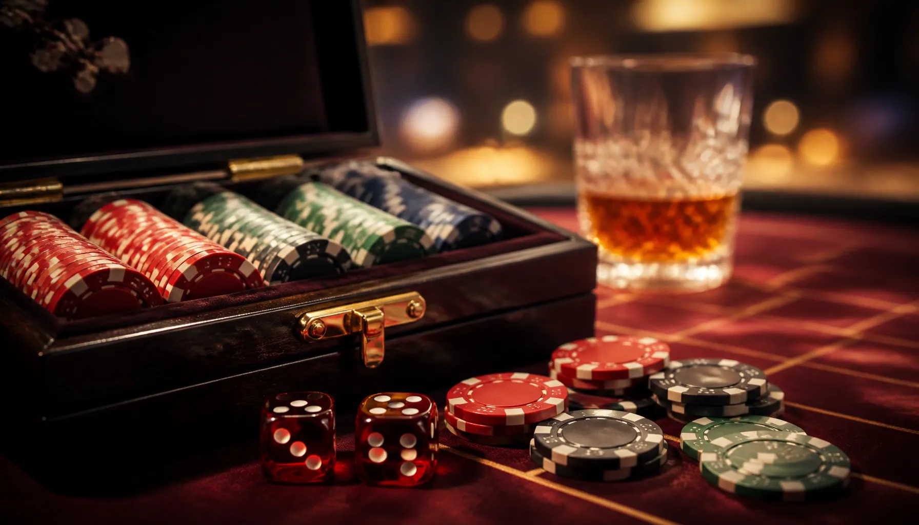 Fanned hand of playing cards resting on a dark velvet surface with golden chip and warm cinematic lighting