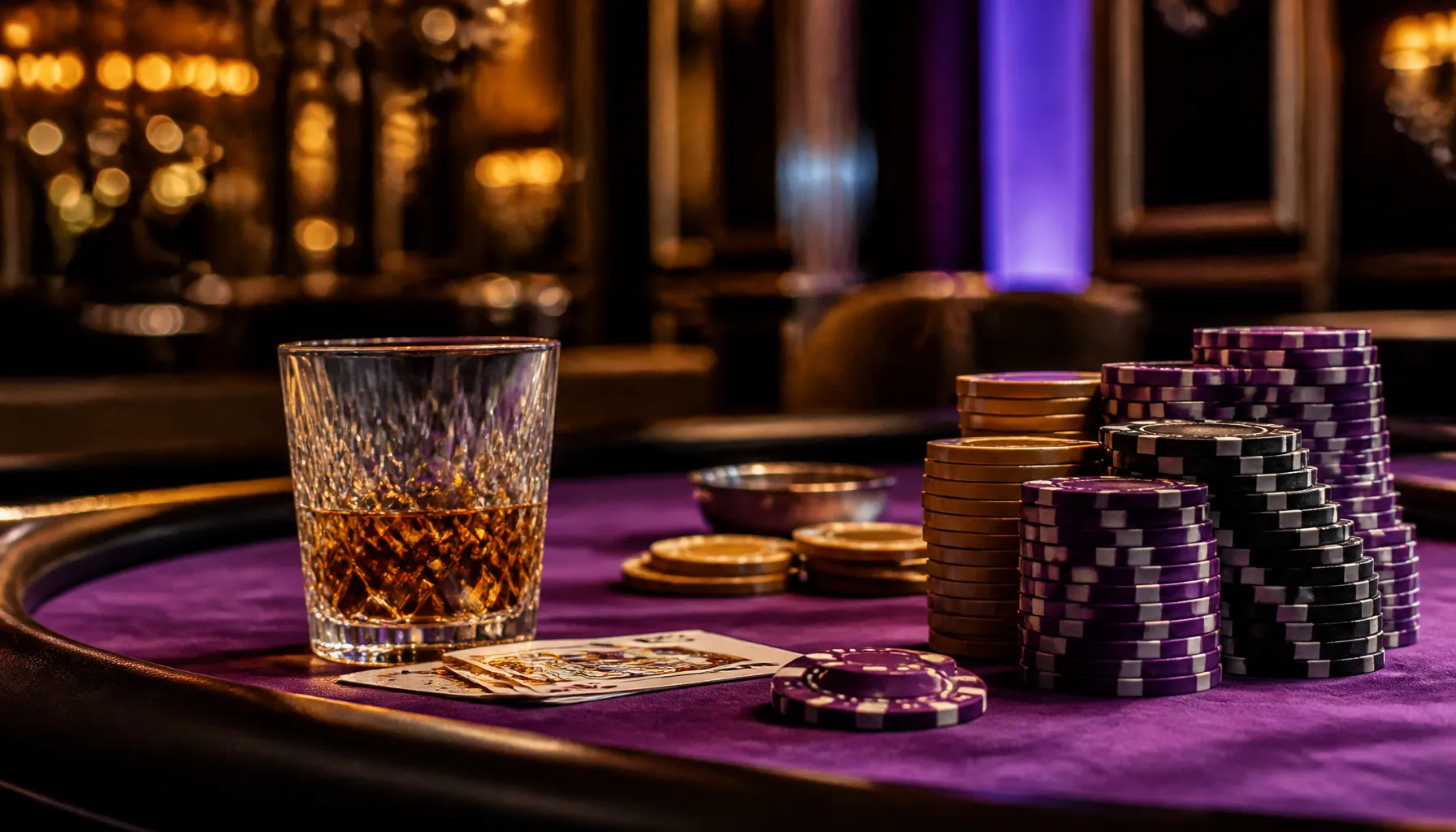 Fanned hand of playing cards resting on a dark velvet surface with golden chip and warm cinematic lighting