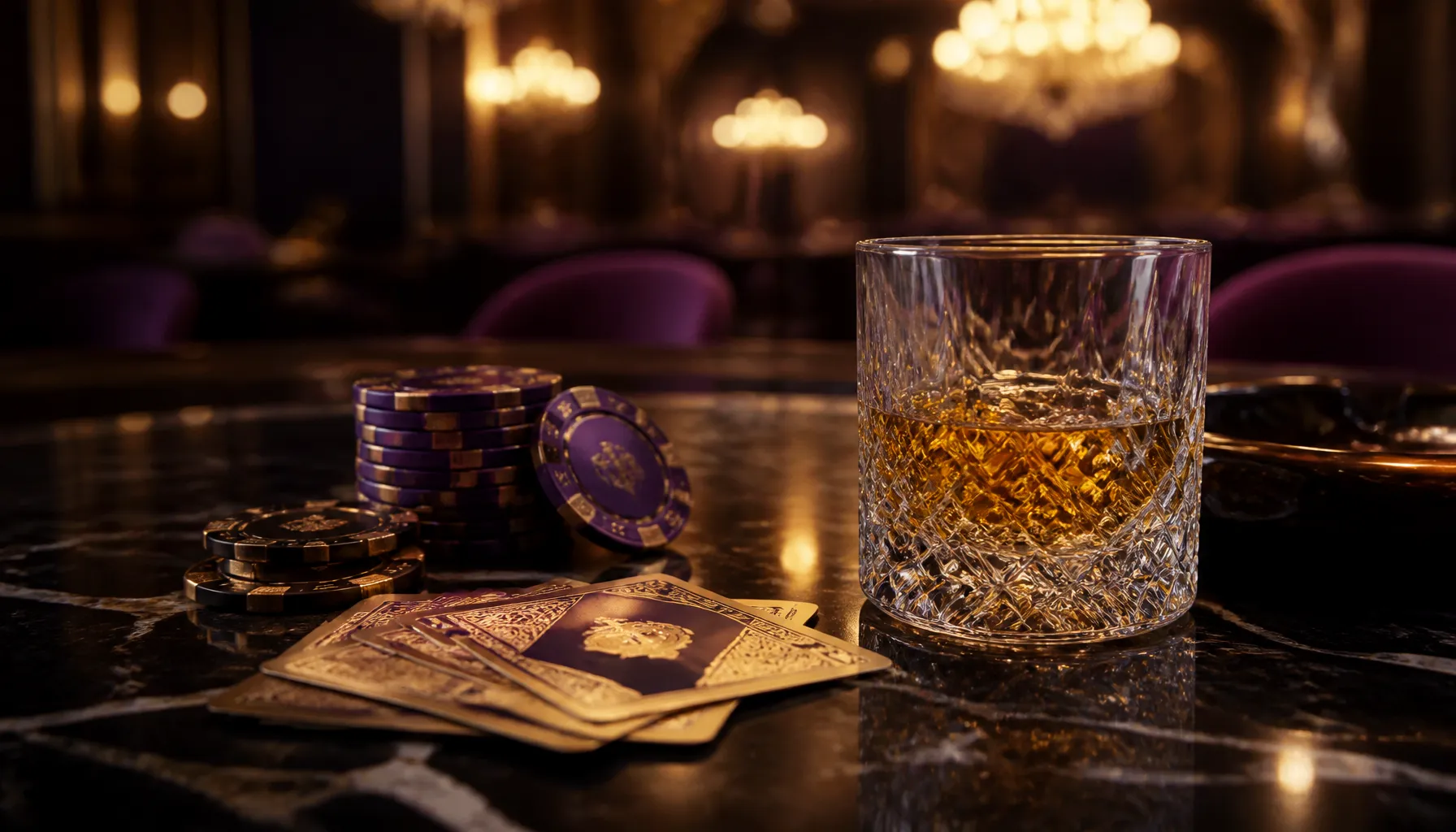 Fanned hand of playing cards resting on a dark velvet surface with golden chip and warm cinematic lighting