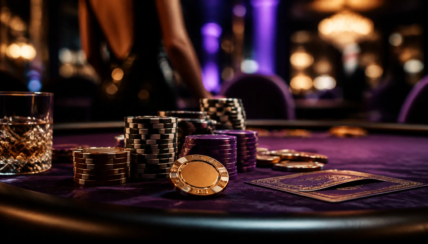 Fanned hand of playing cards resting on a dark velvet surface with golden chip and warm cinematic lighting