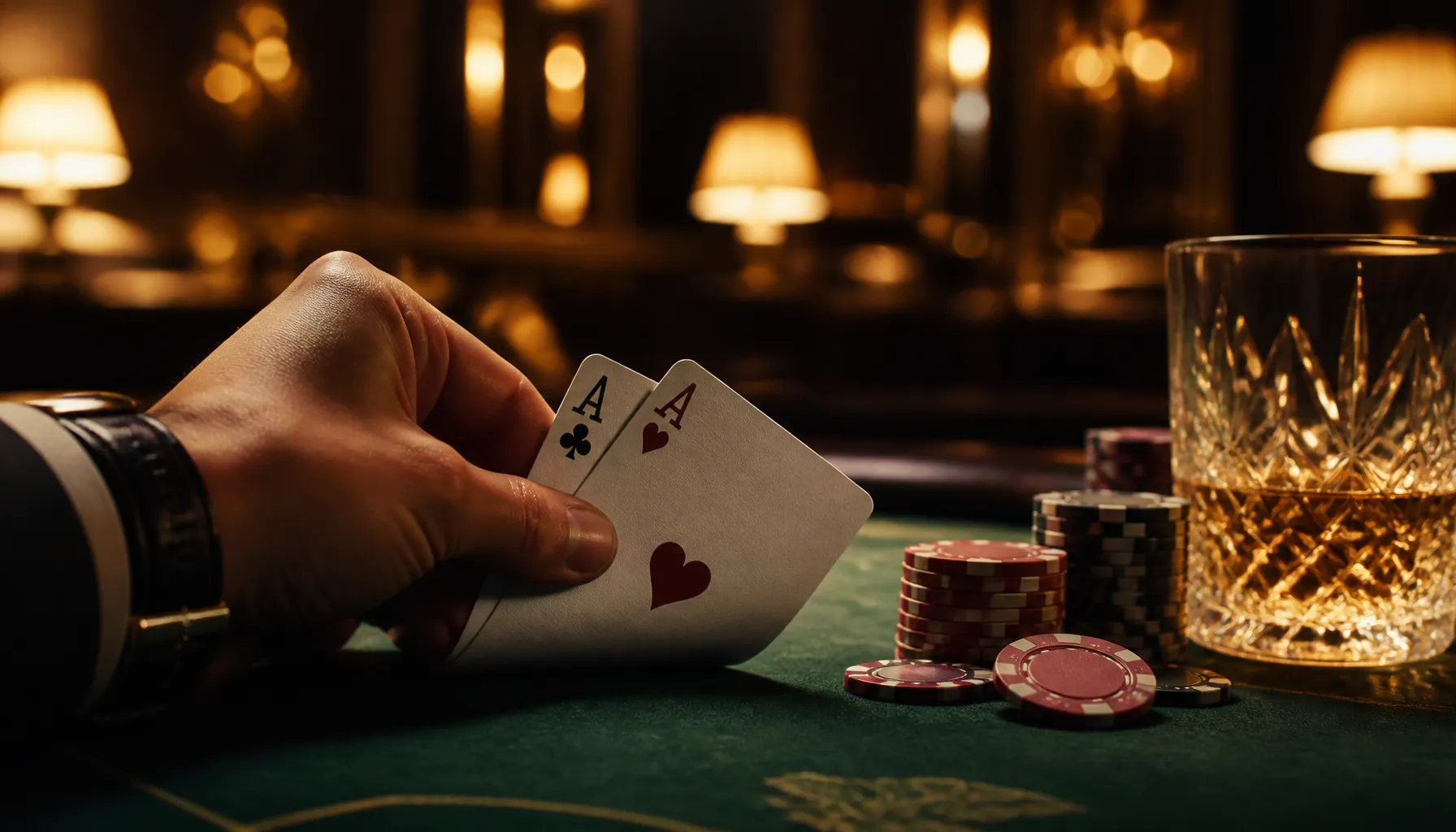 Fanned hand of playing cards resting on a dark velvet surface with golden chip and warm cinematic lighting