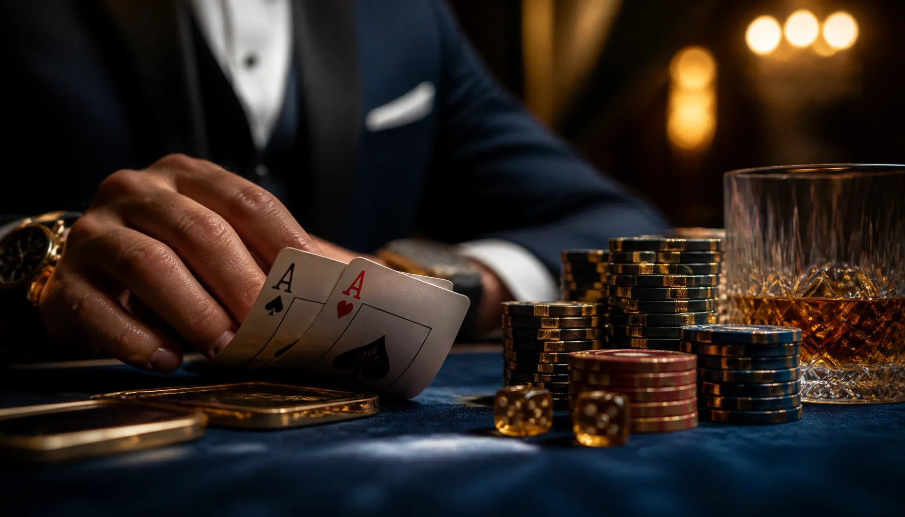 Fanned hand of playing cards resting on a dark velvet surface with golden chip and warm cinematic lighting